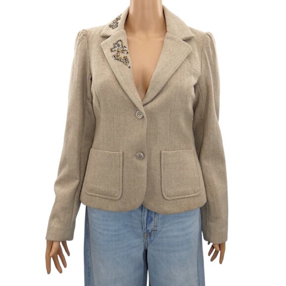 Vintage Y2K Old Navy Wool Tweed Blazer M Beige Embellished Collar Academia Prep - Picture 1 of 12
